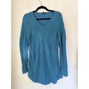 Eileen Fisher 100% Merino Wool Tunic Sweater Blue V Neck Size Large Petite Light